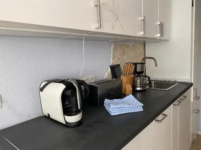 Küche/Küchenzeile in der Unterkunft Ferienwohnung Jardin im Kunsthaus