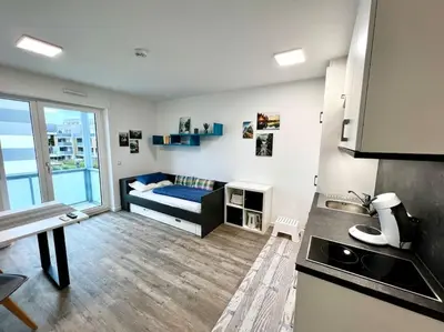 Küche/Küchenzeile in der Unterkunft Carefree Mikroapartment inkl. Balkon + Tiefgarage