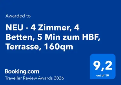 Ein Zertifikat, Auszeichnung, Logo oder anderes Dokument, das in der Unterkunft NEU - 4 Zimmer, 4 Betten, 5 Min zum HBF, Terrasse, 160qm ausgestellt ist