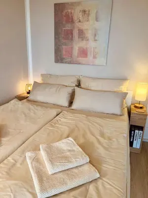 Ein Bett oder Betten in einem Zimmer der Unterkunft Penthouse studio apartment with terrace near Audi