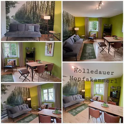Ein Sitzbereich in der Unterkunft Holledauer Hopfakammerl