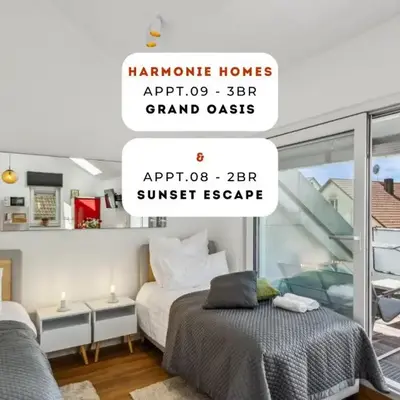 Harmonie Homes - Built in 2025 - High-Quality Beds & Linen - Full Kitchen - Fiber WiFi - 4K Smart TV - 2 Balconies - Elevator - Free Private Parking - Near Augsburg - 20 Min via Autobahn to Munich-West
