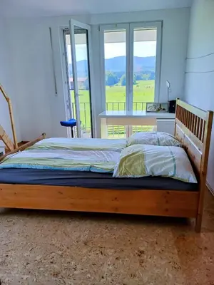 Ein Bett oder Betten in einem Zimmer der Unterkunft Komplettes Wellnesshaus mit freiem Blick