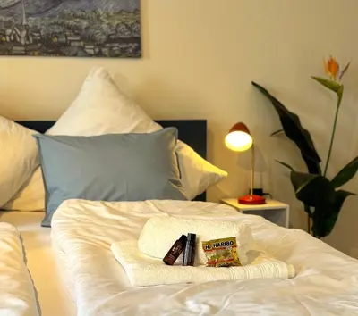 Ein Bett oder Betten in einem Zimmer der Unterkunft DUTTI'S HOME - Wohlfühl-Studio, Küche, Stellplatz, Self-Check-In, Garten
