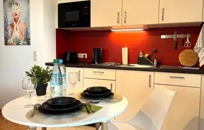 Küche/Küchenzeile in der Unterkunft DUTTI'S HOME - Wohlfühl-Studio, Küche, Stellplatz, Self-Check-In, Garten
