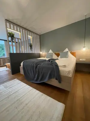 Ein Bett oder Betten in einem Zimmer der Unterkunft See und Kliniknahes Apartment, Balkon, Wifi, Blick ins Grüne