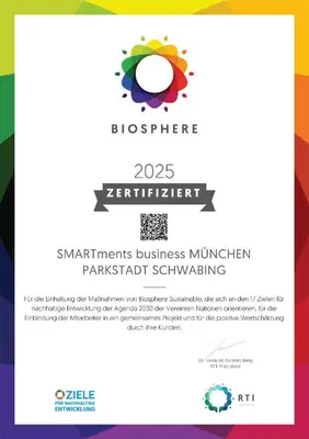 Ein Zertifikat, Auszeichnung, Logo oder anderes Dokument, das in der Unterkunft smartments München Parkstadt Schwabing ausgestellt ist