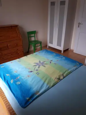 Ein Bett oder Betten in einem Zimmer der Unterkunft Holzhaus mit grüner Aussicht zum Erholen