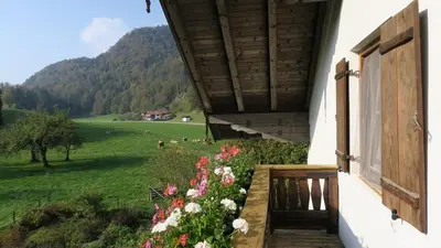 Ein allgemeiner Bergblick oder ein Berglick von des Bauernhofs aus