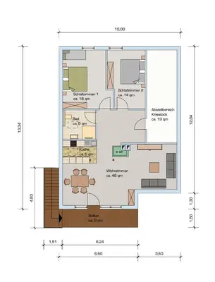 Grundriss der Unterkunft Chalet Chiemgau 90 qm 3 Zimmer Balkon