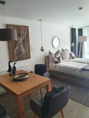 Ein Bett oder Betten in einem Zimmer der Unterkunft Maurers Schlierseetraum 6, Studio 455 mit 42 qm neu renoviert, Erdgeschoss mit eingezäunter Terrasse in ruhiger Lage am Kirchbichlweg 8