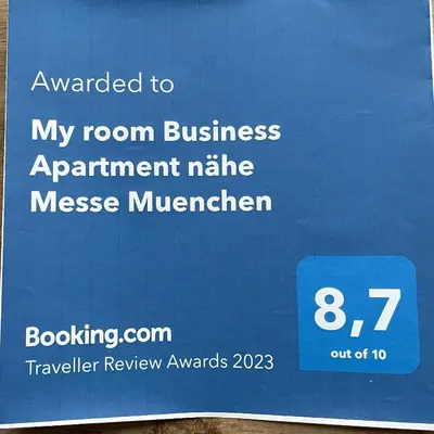 Ein Zertifikat, Auszeichnung, Logo oder anderes Dokument, das in der Unterkunft Myroom Business Apartment Nähe Messe München ausgestellt ist